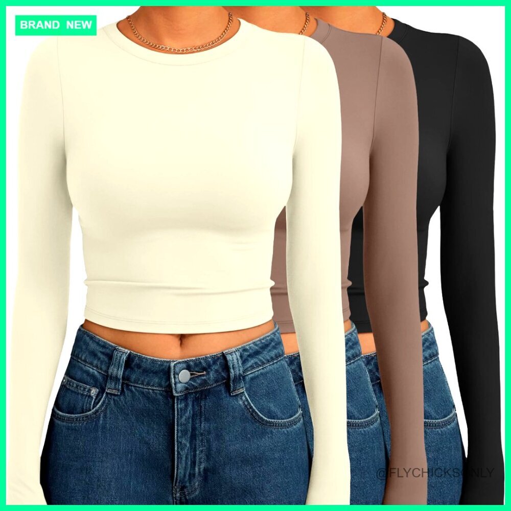 3 Pack Long Sleeve Crop Tops Slim Fitted Y2K Fall Fashion Basic Tees
